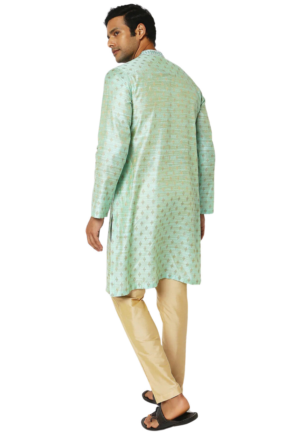 Men's green embroidered rayon knee-length kurta, alternate side view.