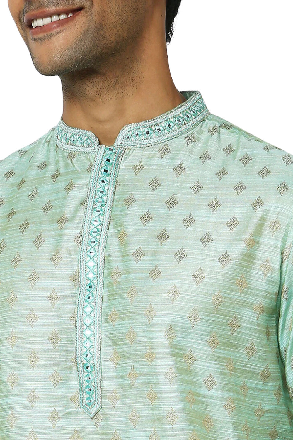 Men's green embroidered rayon knee-length kurta, back view.