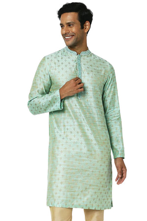 Men's green embroidered rayon knee-length kurta, front view.
