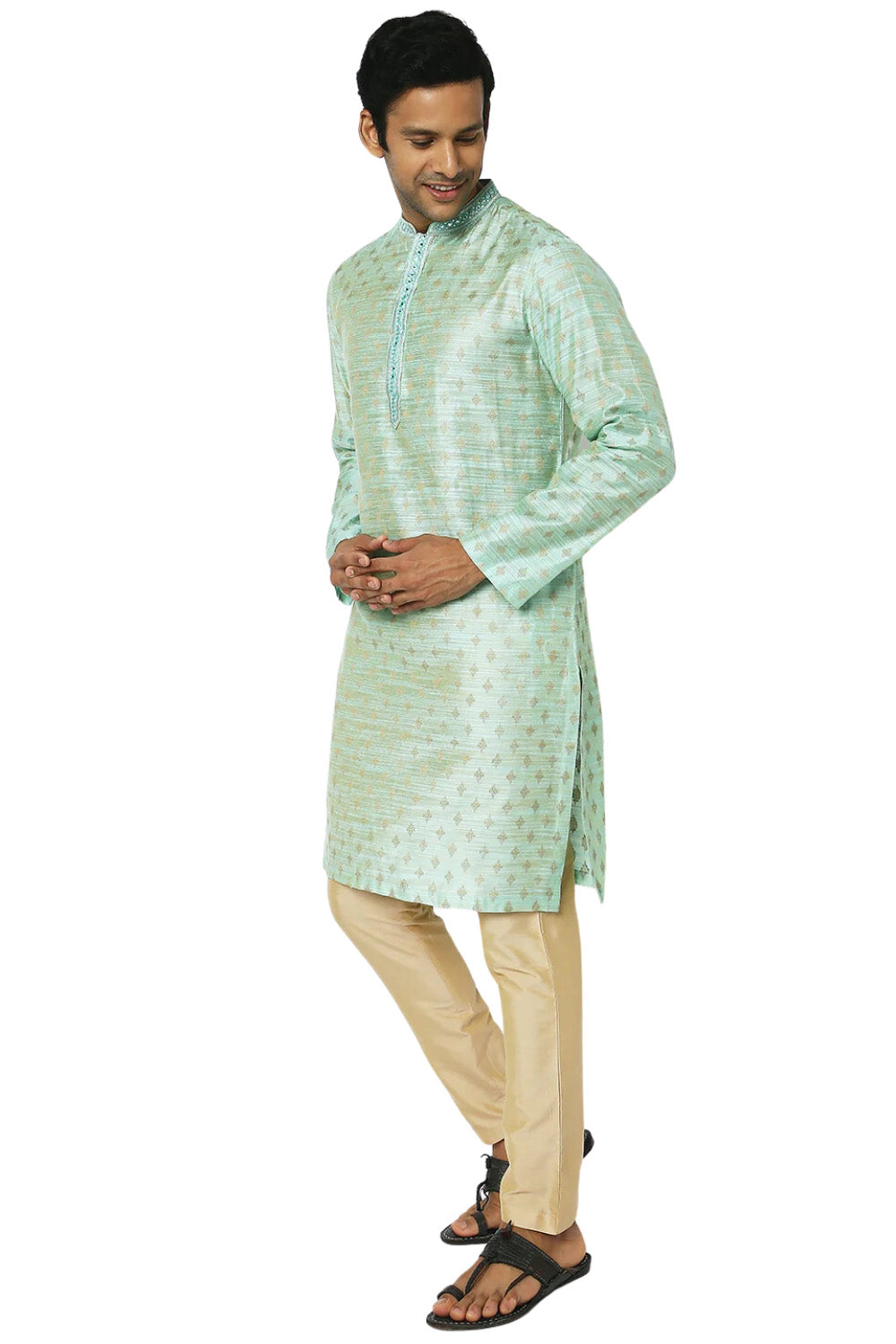 Men's green embroidered rayon knee-length kurta, side view.