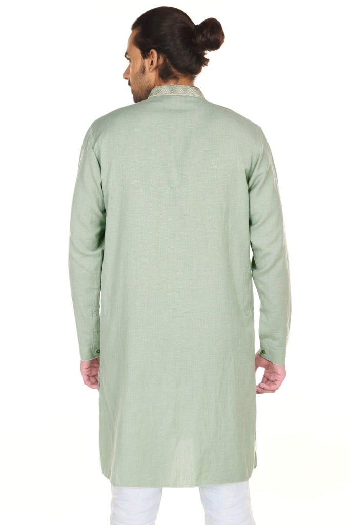 Men's green printed denim knee-length kurta, alternate front view.