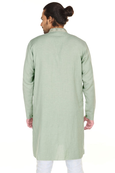 Men's green printed denim knee-length kurta, alternate front view.