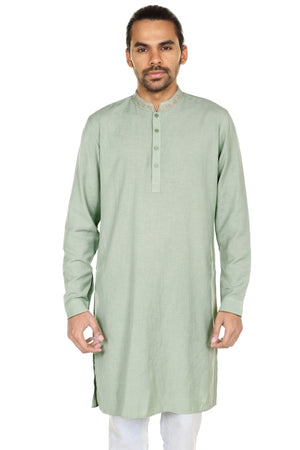 Men's green printed denim knee-length kurta, front view.