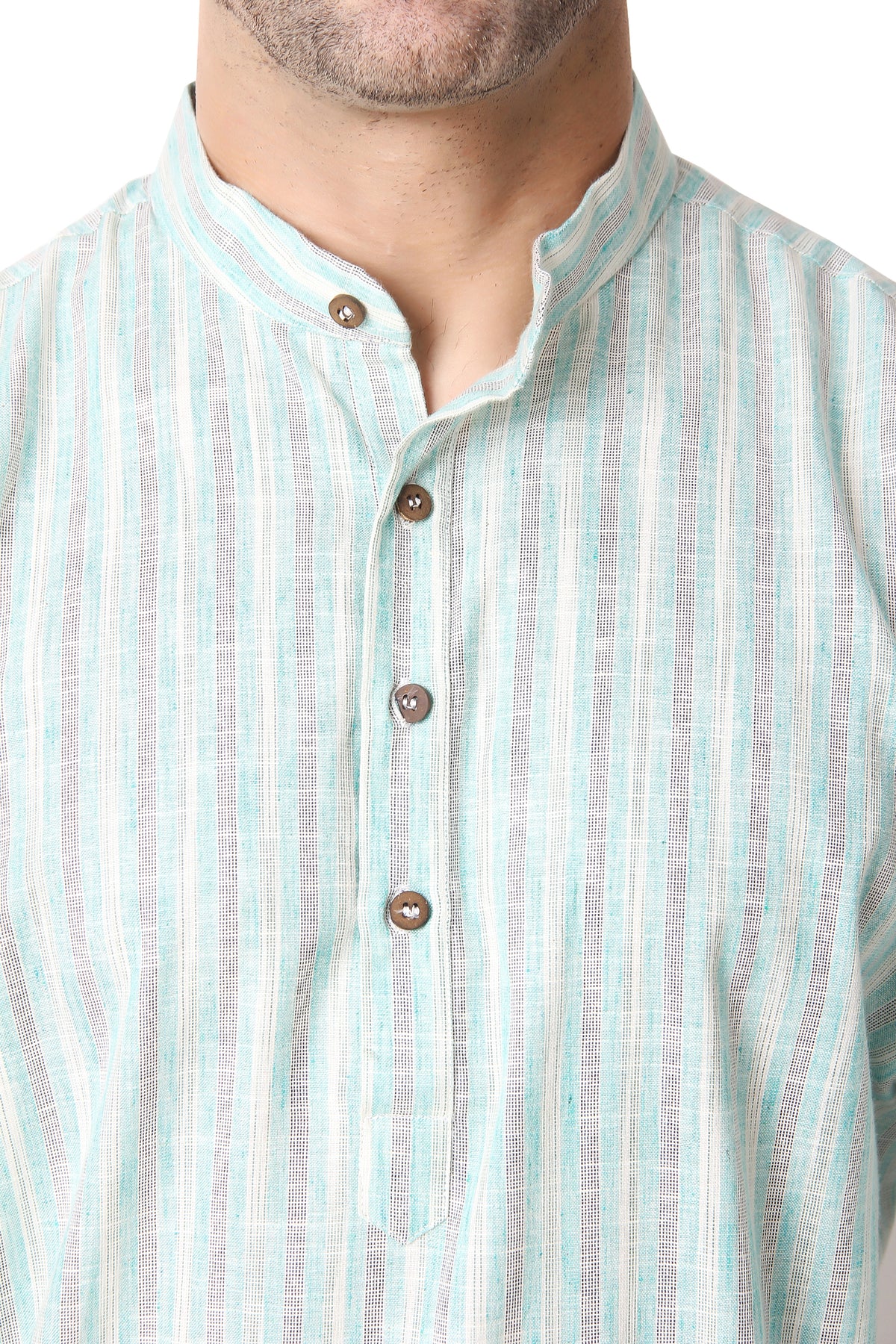 Men's green striped cotton band collar knee-length kurta, additional product detail.