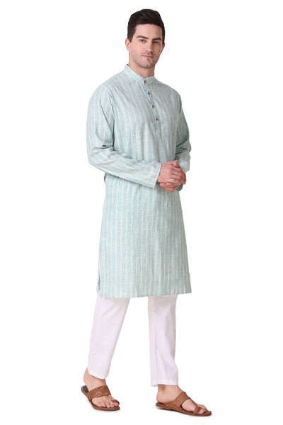 Men's green striped cotton band collar knee-length kurta, alternate front view.