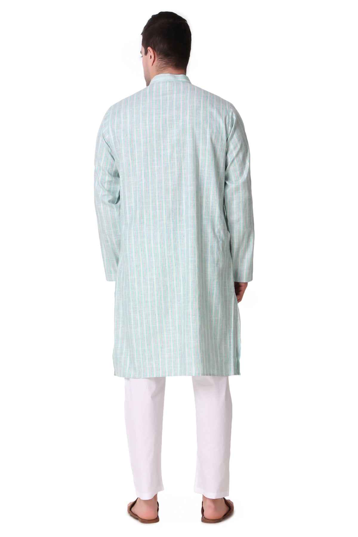 Men's green striped cotton band collar knee-length kurta, alternate side view.