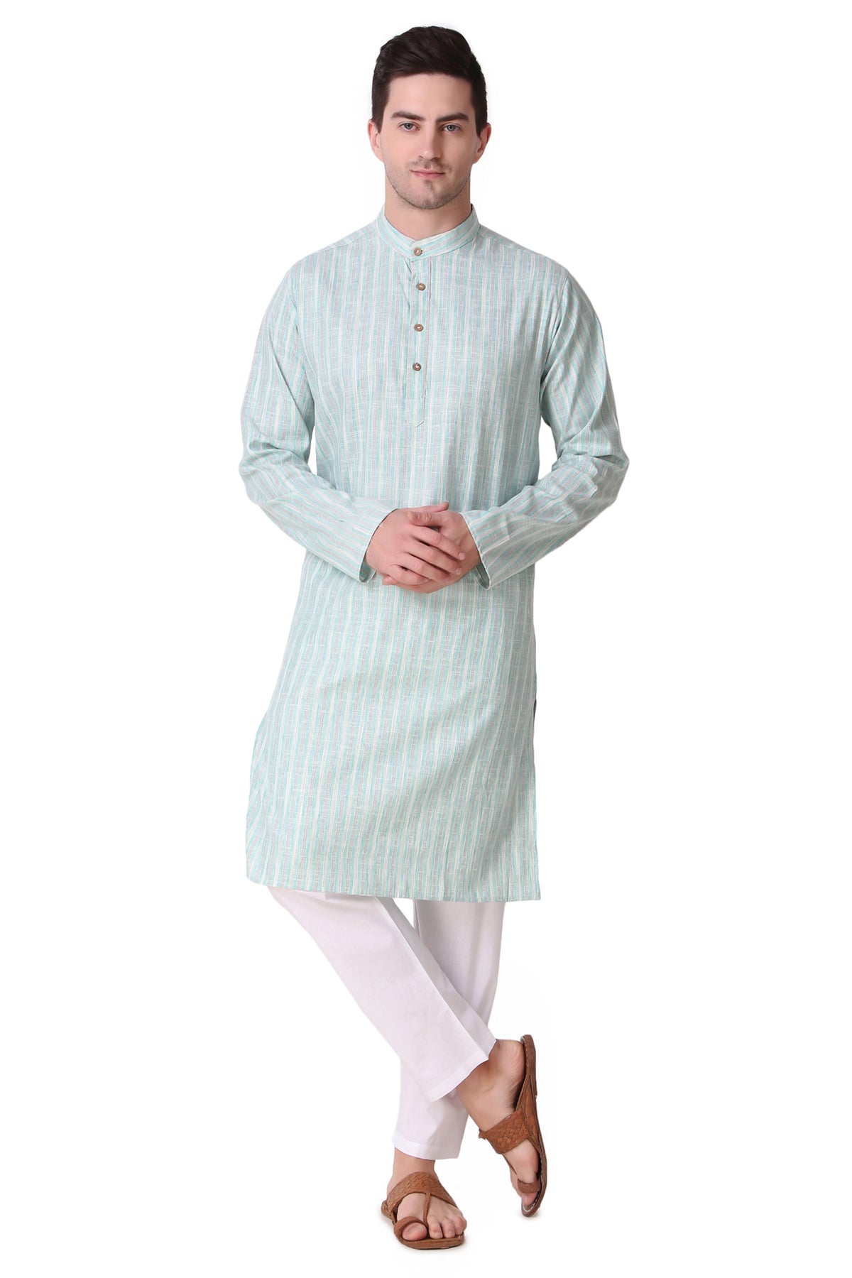 Men's green striped cotton band collar knee-length kurta, back view.