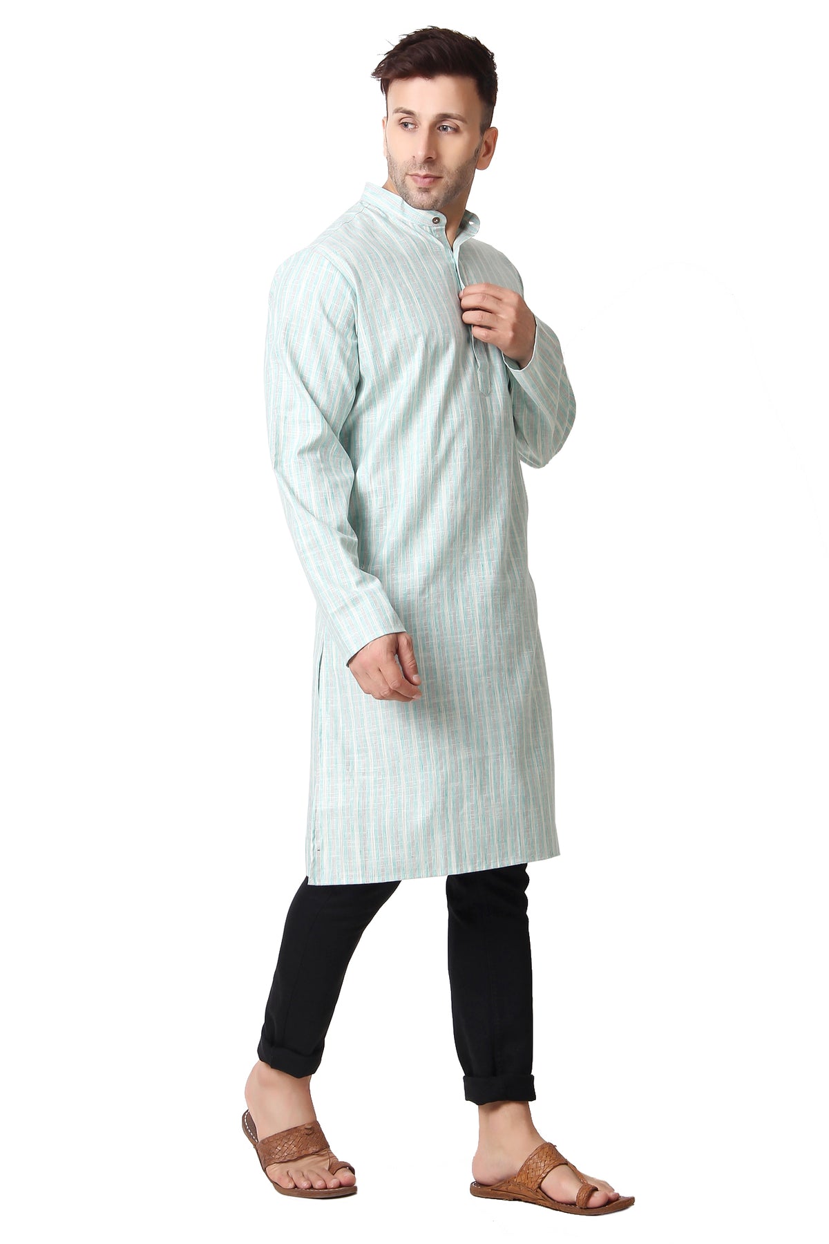 Men's green striped cotton band collar knee-length kurta, close-up detail.