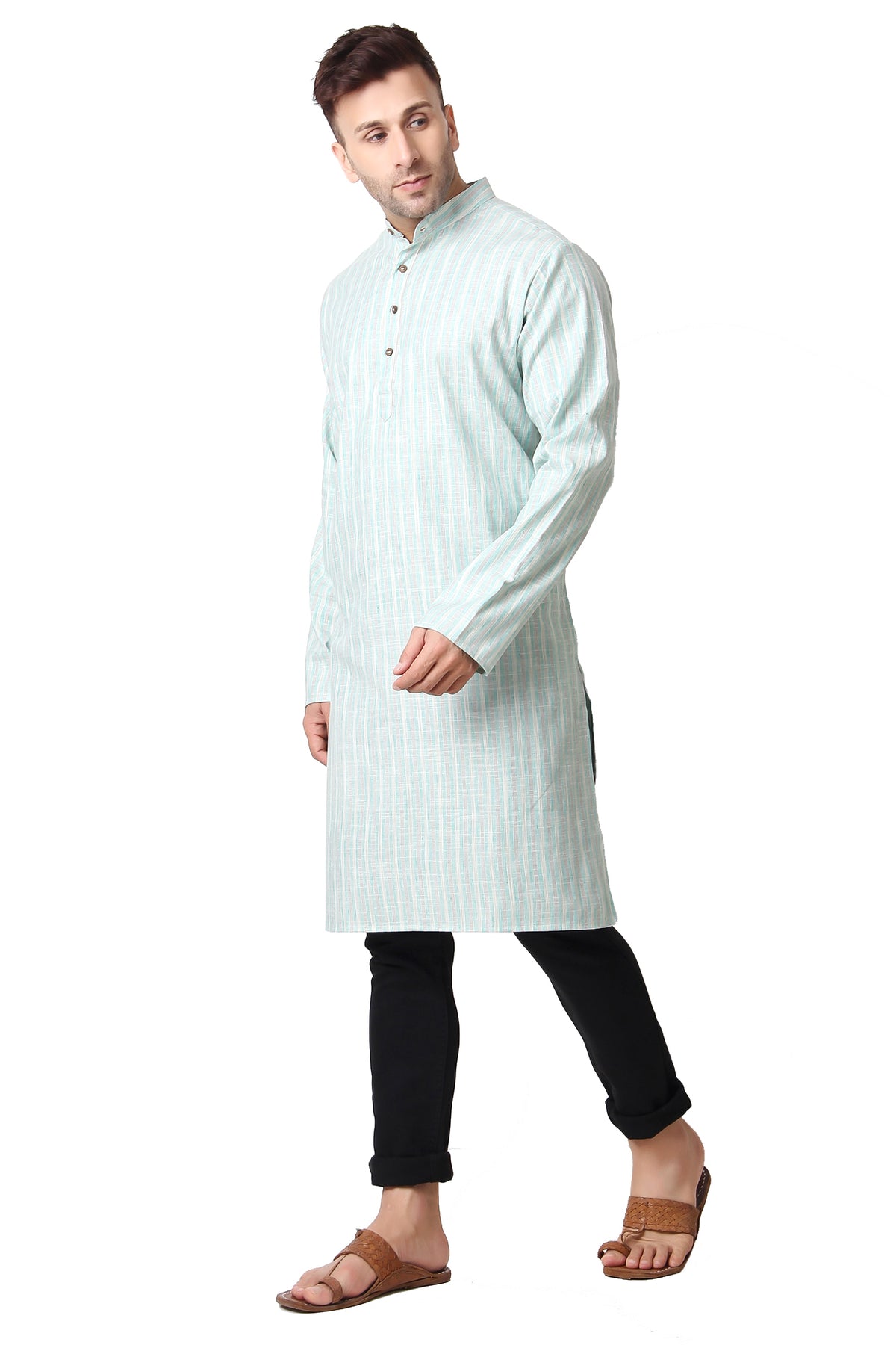 Men's green striped cotton band collar knee-length kurta, collar and neckline detail.