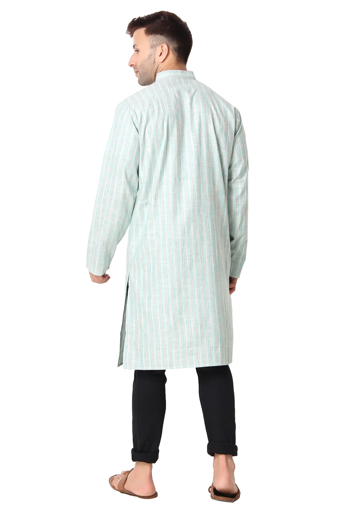 Men's green striped cotton band collar knee-length kurta, fabric texture detail.