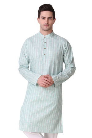 Men's green striped cotton band collar knee-length kurta, front view.