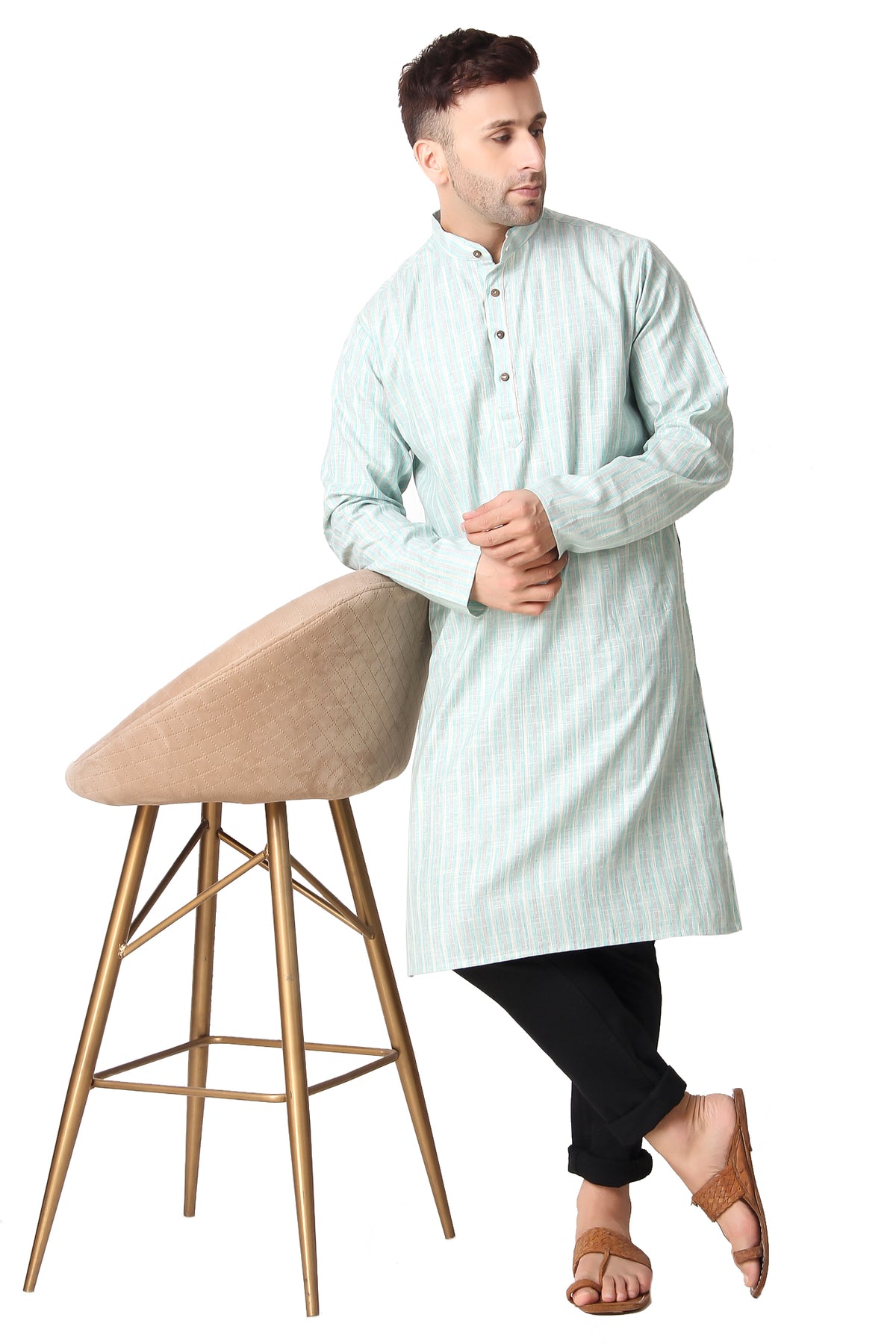 Men's green striped cotton band collar knee-length kurta, front placket detail.