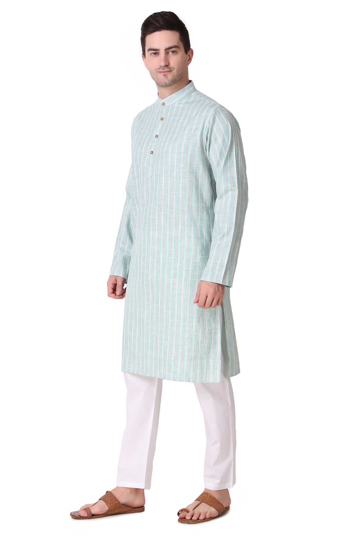 Men's green striped cotton band collar knee-length kurta, side view.