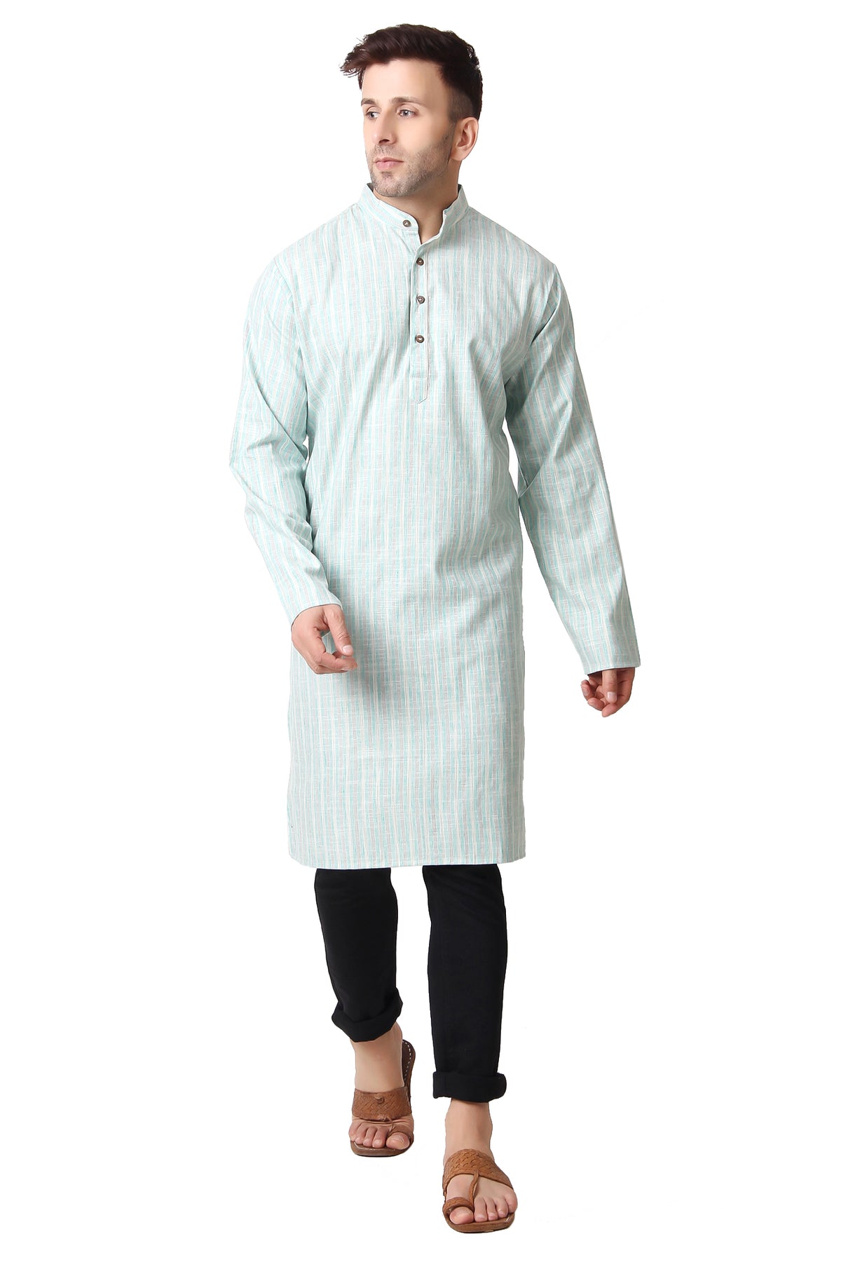 Men's green striped cotton band collar knee-length kurta, styled product view.