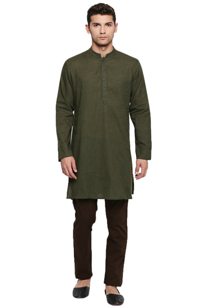 Men's green textured cotton knee-length kurta, alternate front view.