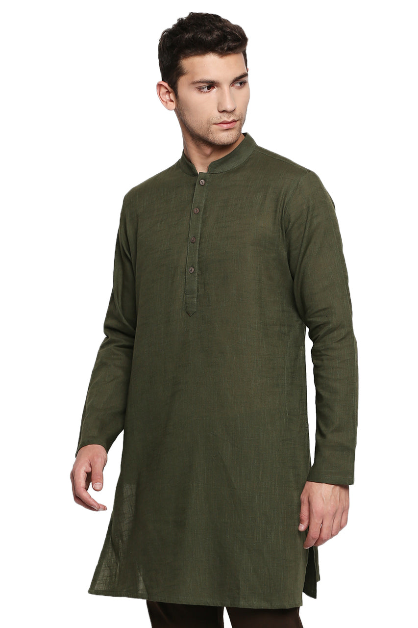 Men's green textured cotton knee-length kurta, alternate side view.