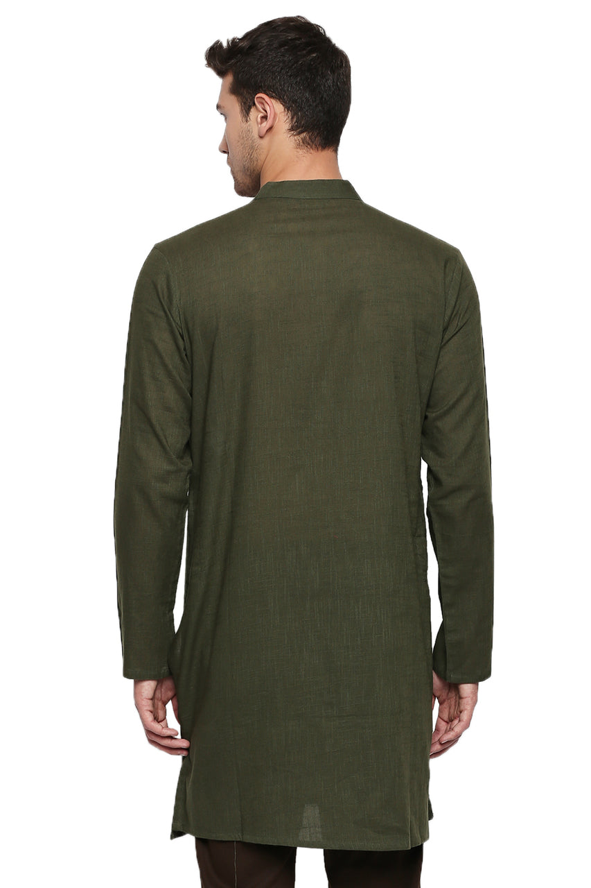 Men's green textured cotton knee-length kurta, back view.