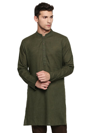 Men's green textured cotton knee-length kurta, front view.