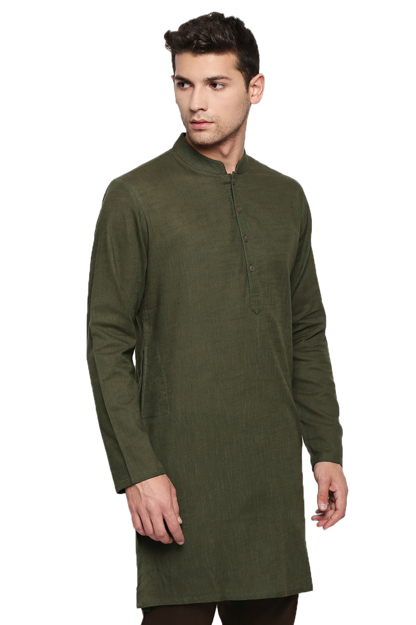 Men's green textured cotton knee-length kurta, side view.