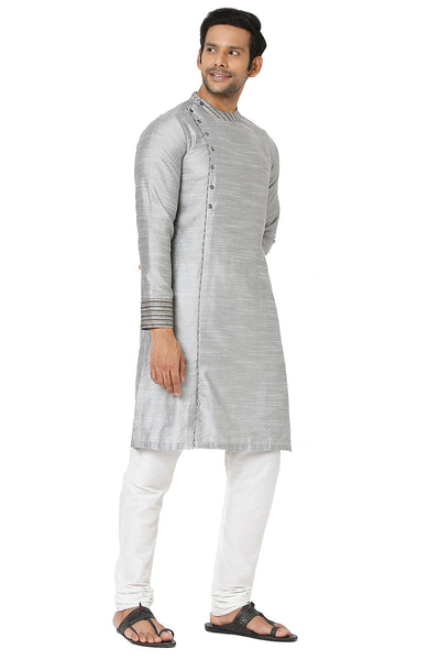 Men's grey cotton band collar knee-length kurta, alternate front view.