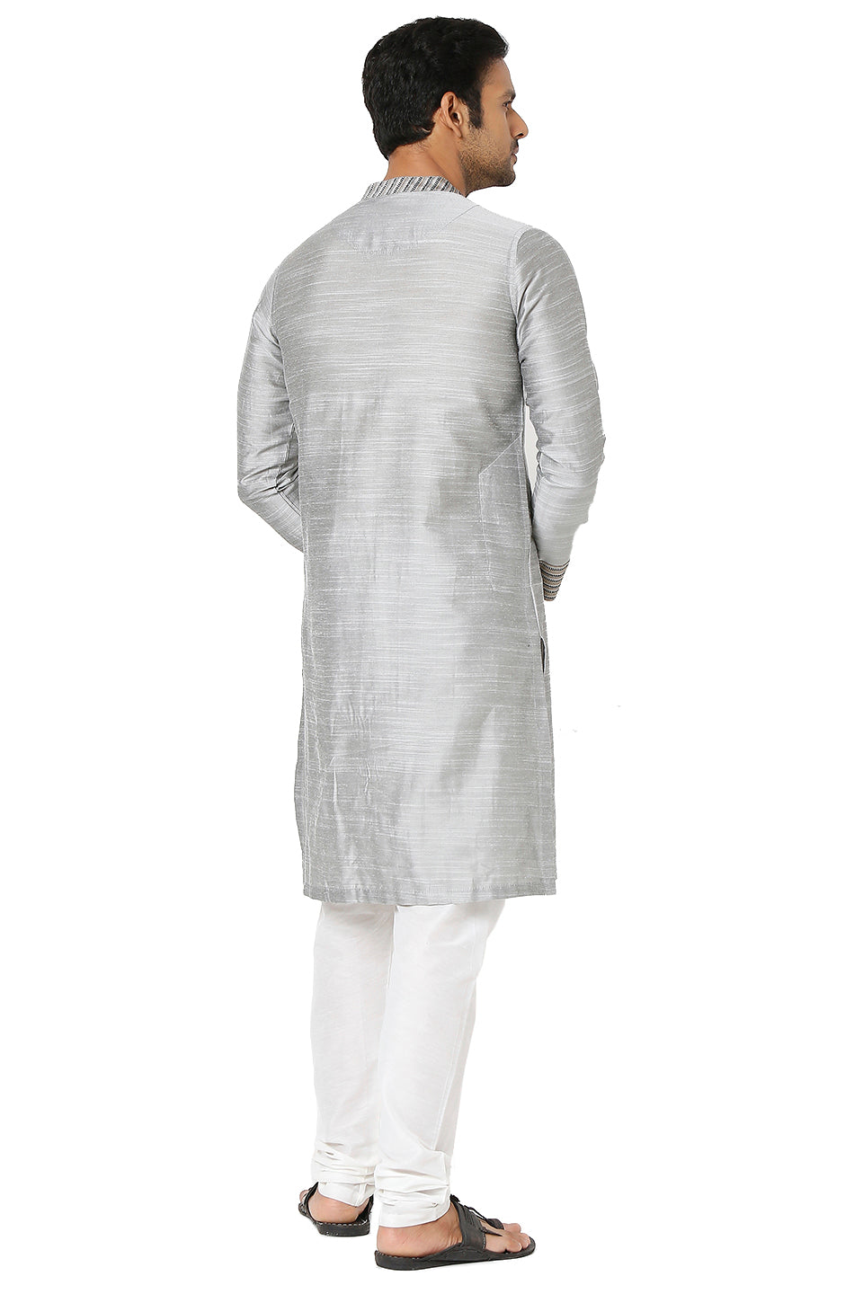 Men's grey cotton band collar knee-length kurta, alternate side view.