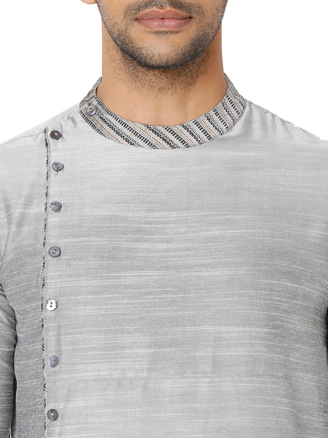 Men's grey cotton band collar knee-length kurta, back view.