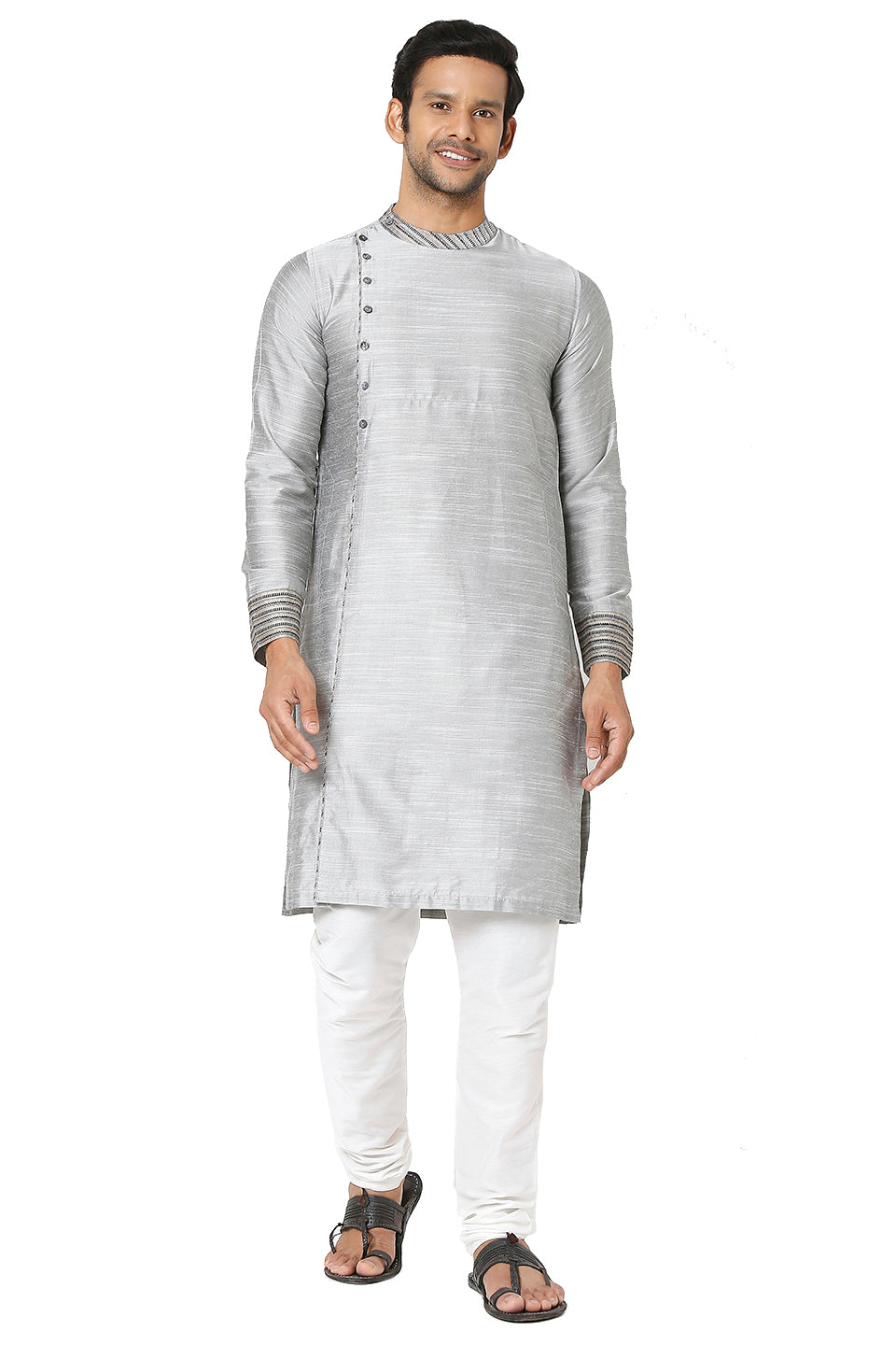 Men's grey cotton band collar knee-length kurta, close-up detail.