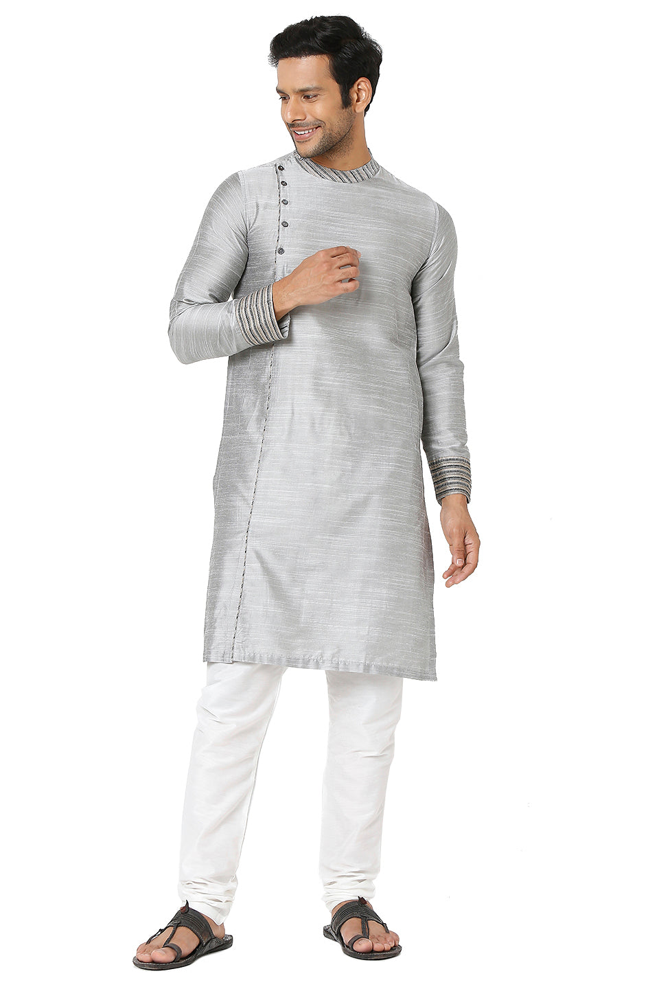 Men's grey cotton band collar knee-length kurta, collar and neckline detail.