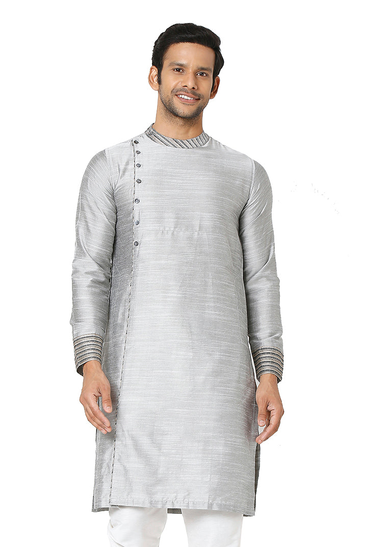 Men's grey cotton band collar knee-length kurta, front view.