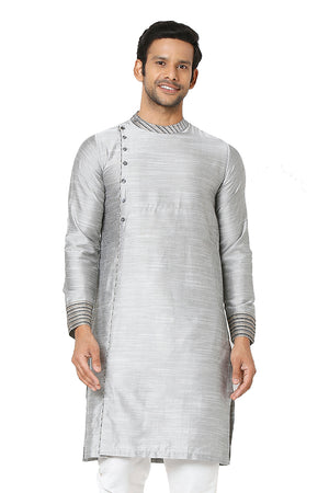 Men's grey cotton band collar knee-length kurta, front view.