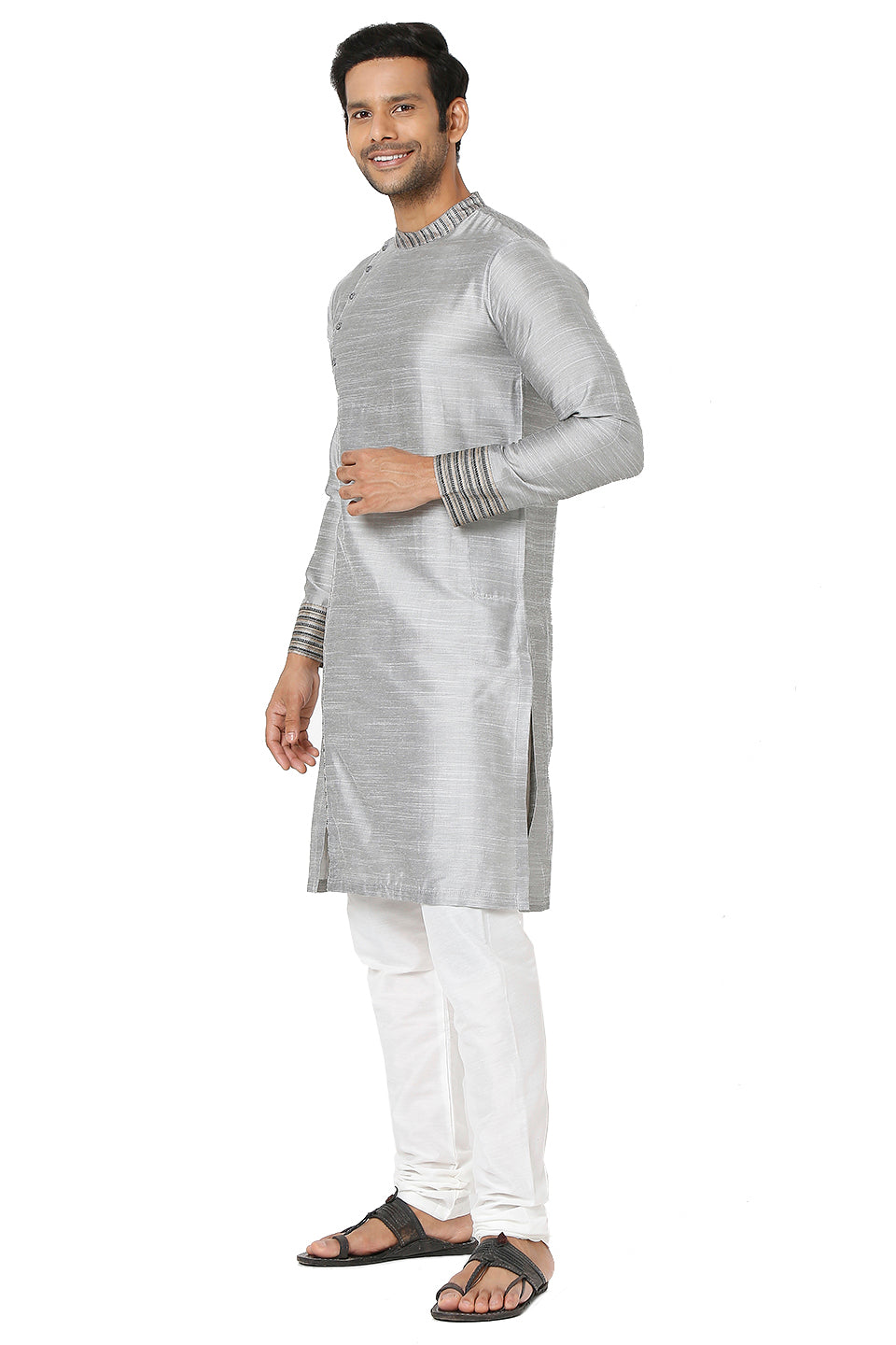 Men's grey cotton band collar knee-length kurta, side view.
