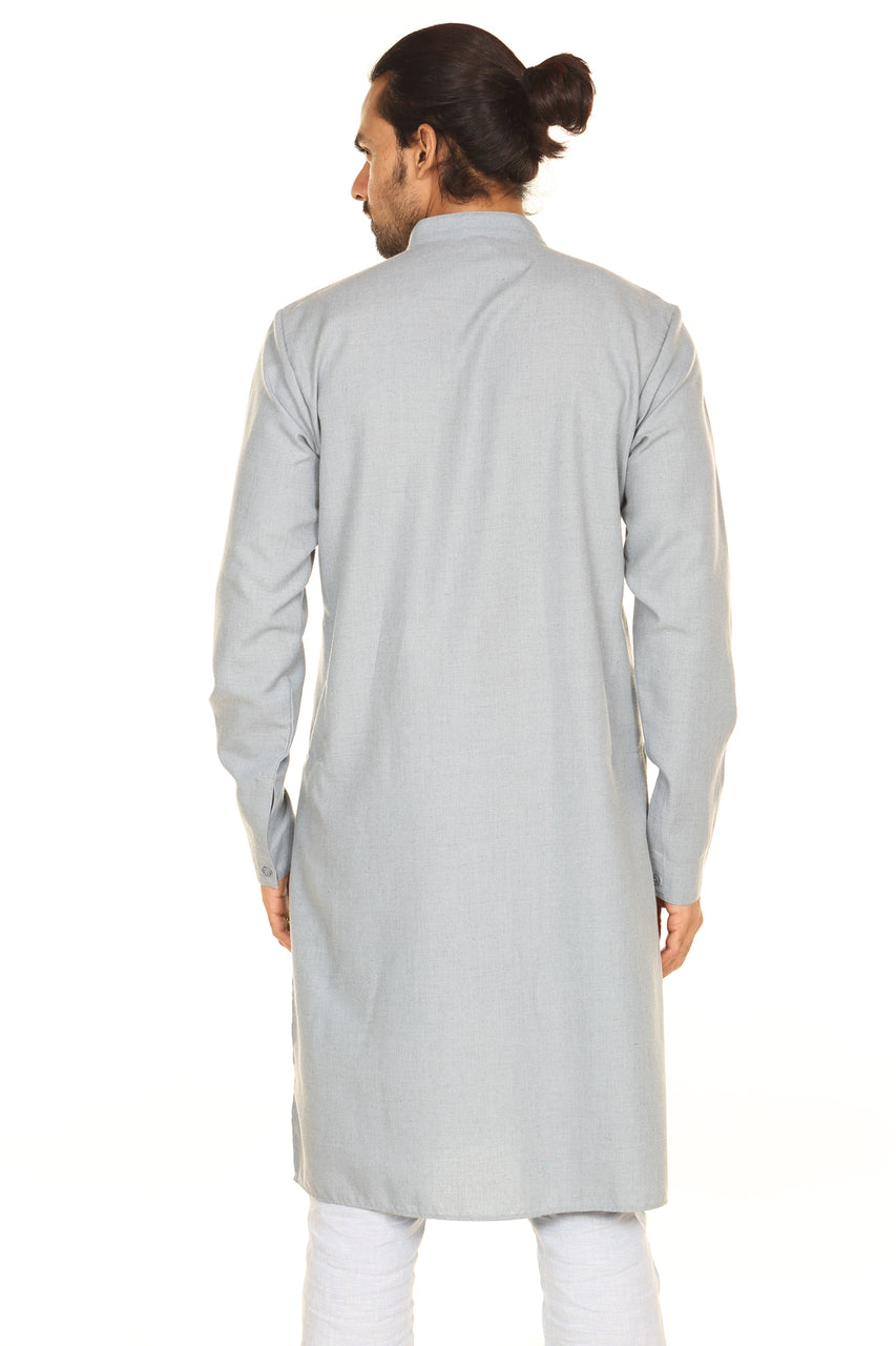 Men's grey embellished denim knee-length kurta, alternate front view.