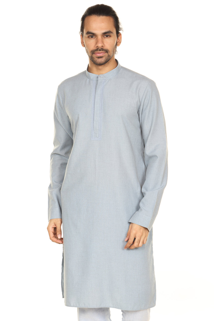 Men's grey embellished denim knee-length kurta, front view.