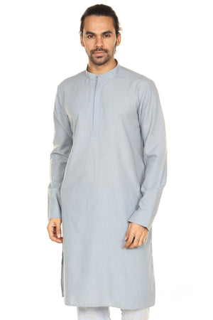 Men's grey embellished denim knee-length kurta, front view.