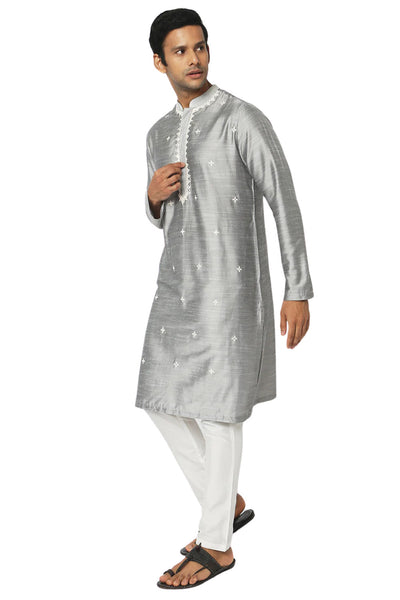 Men's grey embellished rayon knee-length kurta, alternate front view.