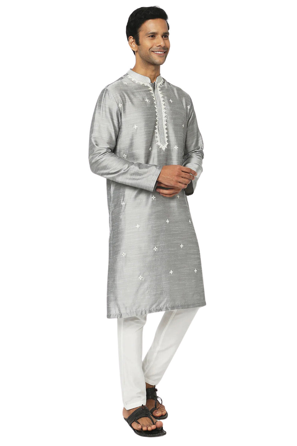 Men's grey embellished rayon knee-length kurta, alternate side view.