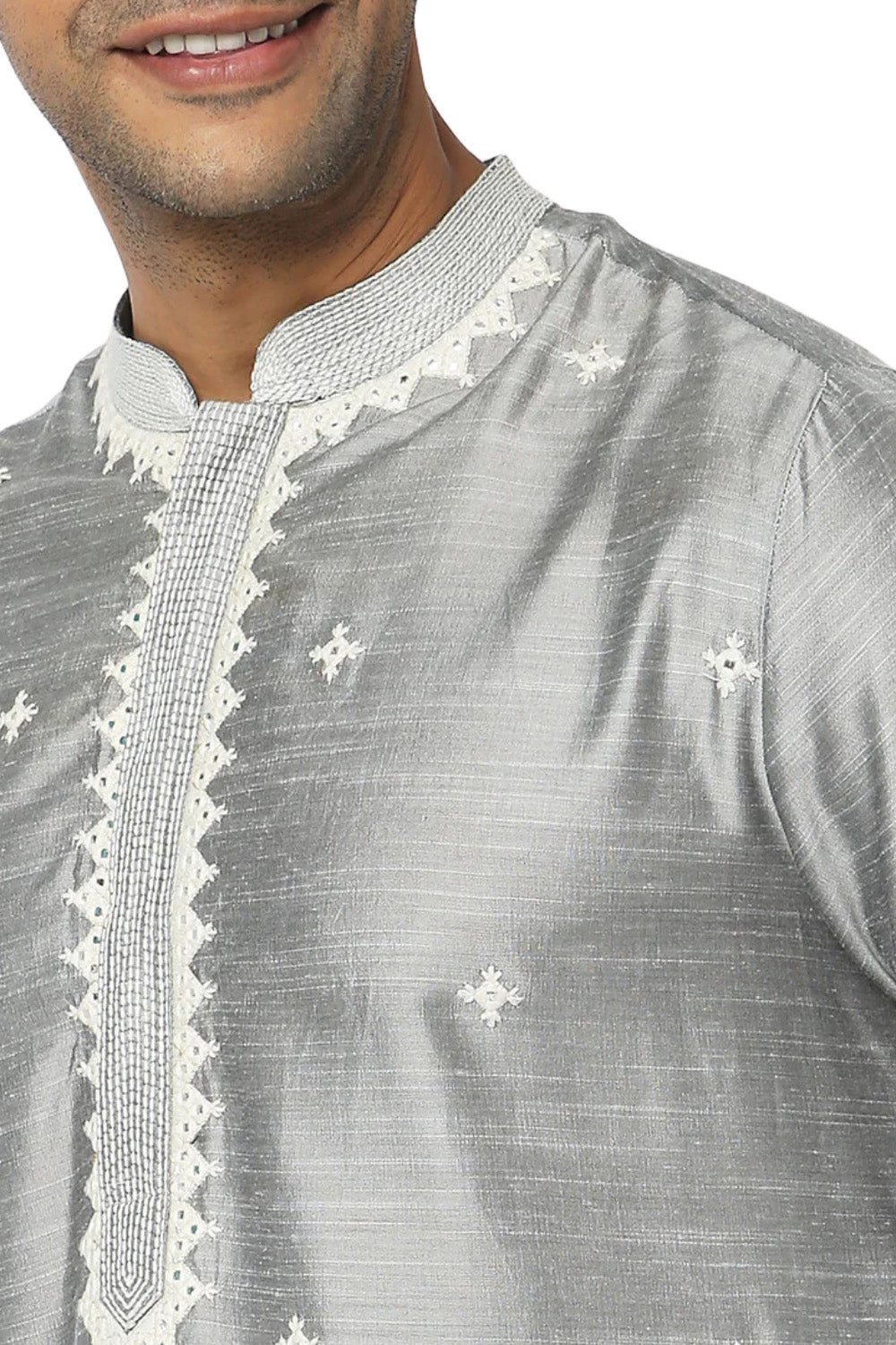 Men's grey embellished rayon knee-length kurta, back view.