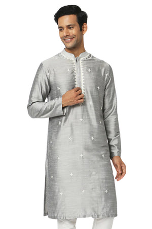Men's grey embellished rayon knee-length kurta, front view.