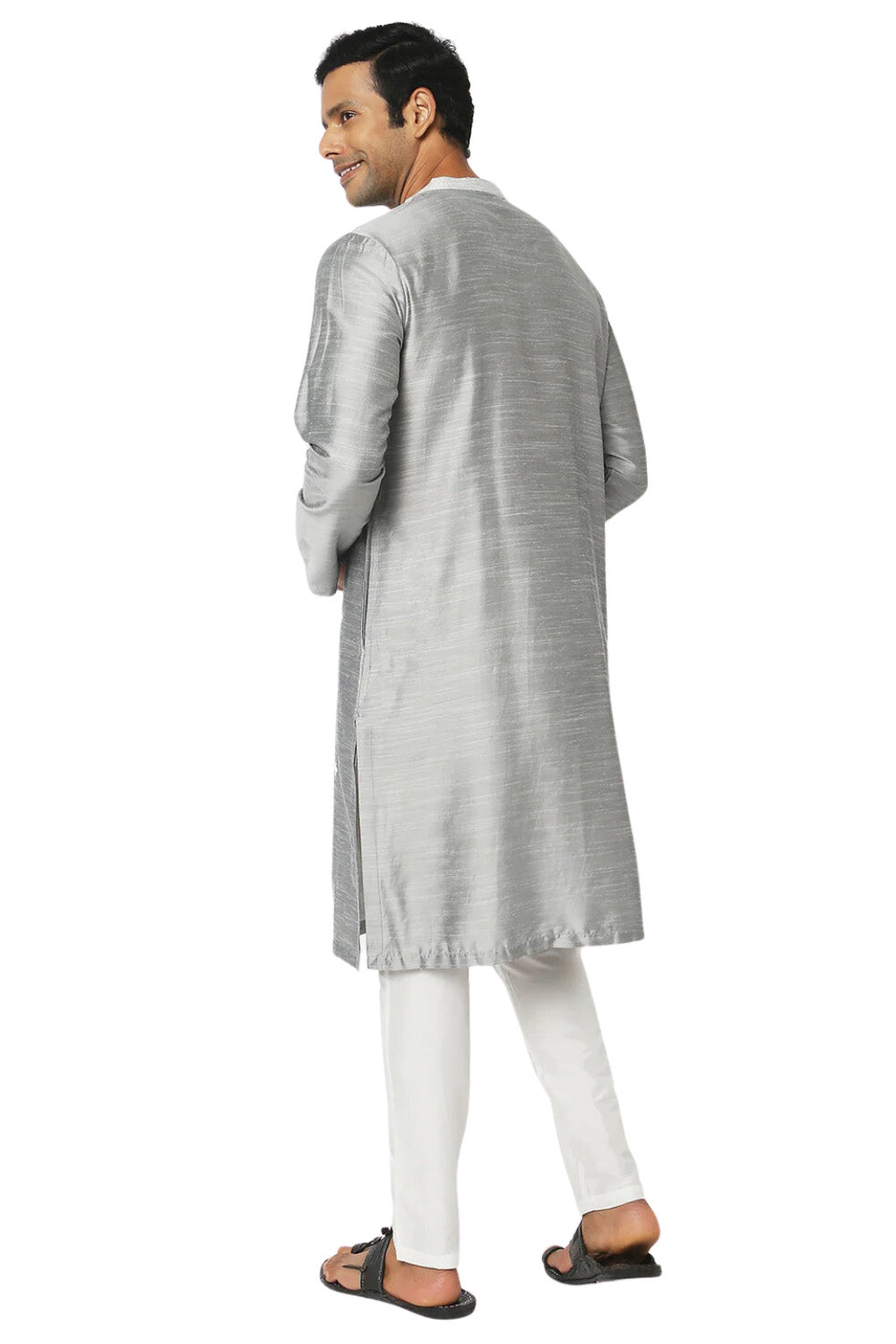 Men's grey embellished rayon knee-length kurta, side view.