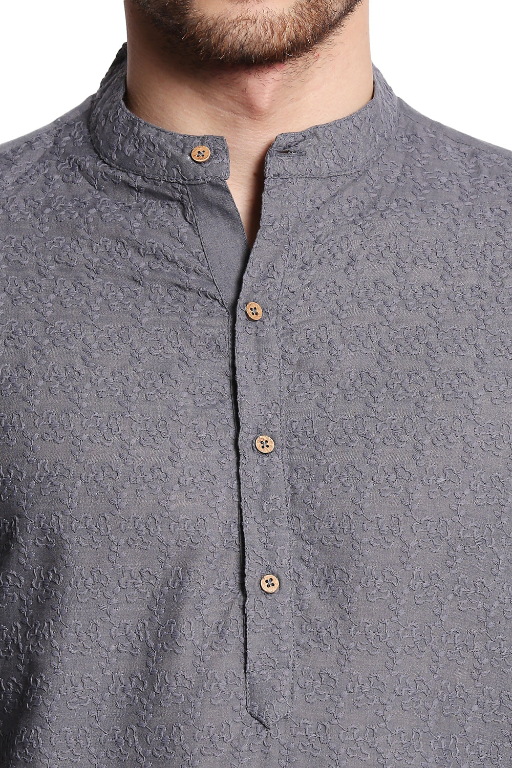 Men's grey hand-embroidered cotton knee-length kurta, additional product detail.