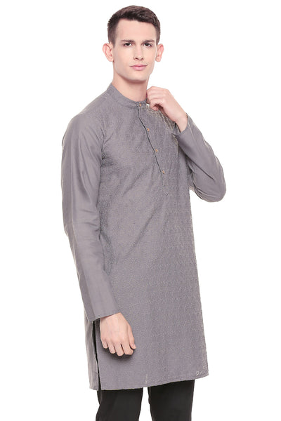 Men's grey hand-embroidered cotton knee-length kurta, alternate front view.