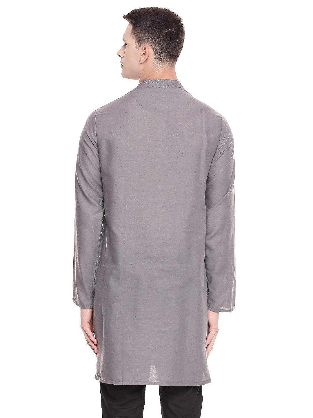Men's grey hand-embroidered cotton knee-length kurta, alternate side view.