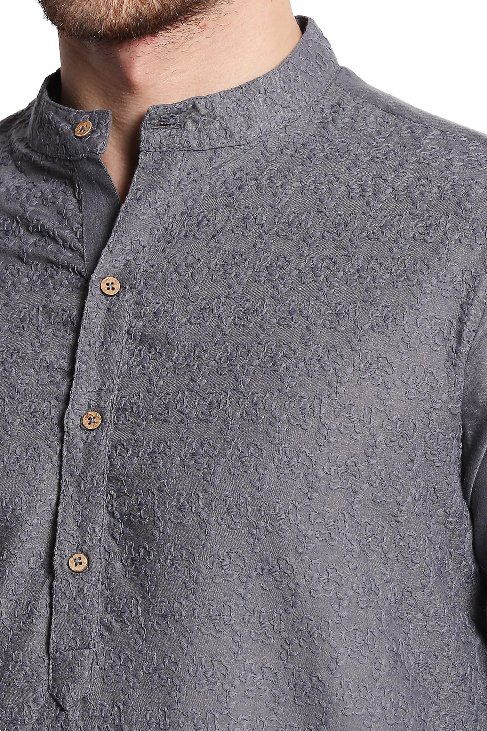 Men's grey hand-embroidered cotton knee-length kurta, alternate product view.