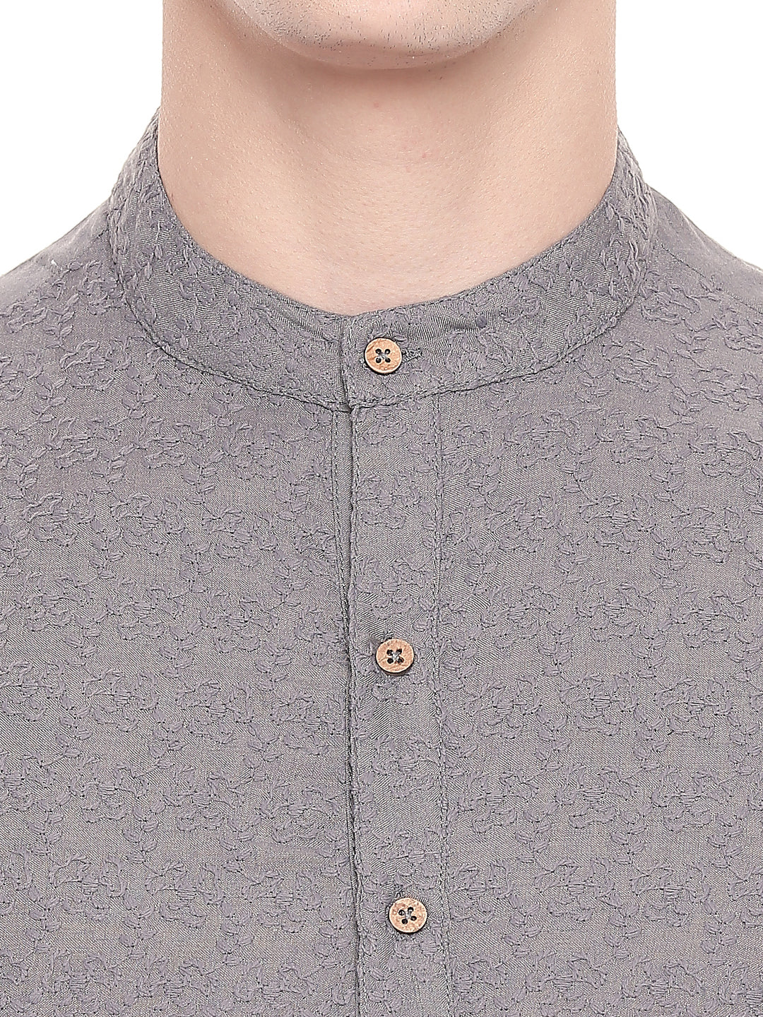 Men's grey hand-embroidered cotton knee-length kurta, back view.