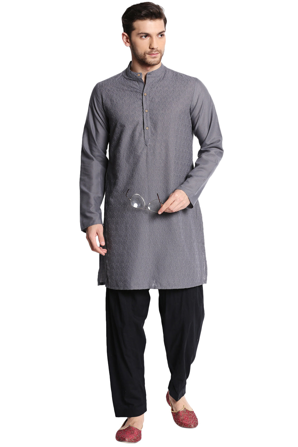 Men's grey hand-embroidered cotton knee-length kurta, close-up detail.