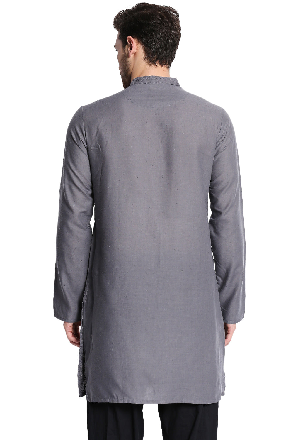 Men's grey hand-embroidered cotton knee-length kurta, collar and neckline detail.