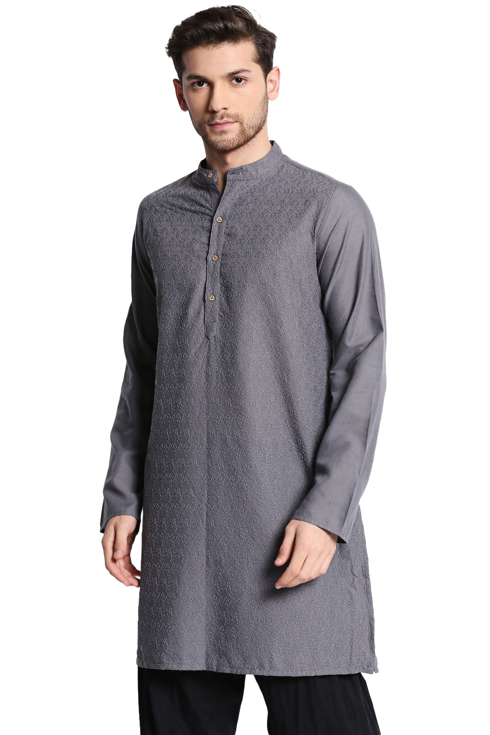 Men's grey hand-embroidered cotton knee-length kurta, fabric texture detail.