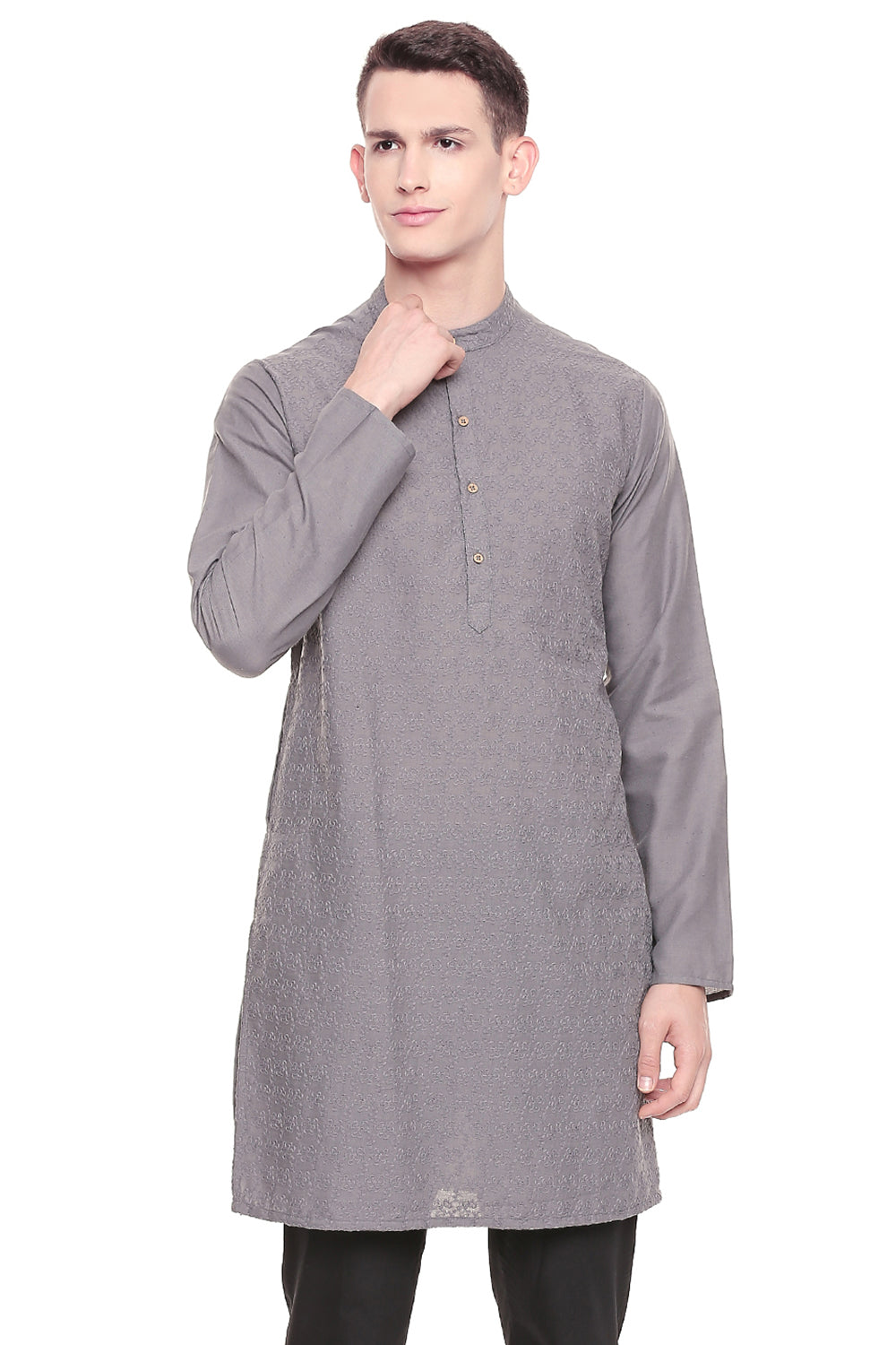 Men's grey hand-embroidered cotton knee-length kurta, front view.