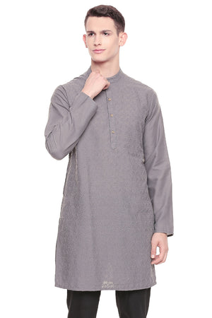 Men's grey hand-embroidered cotton knee-length kurta, front view.