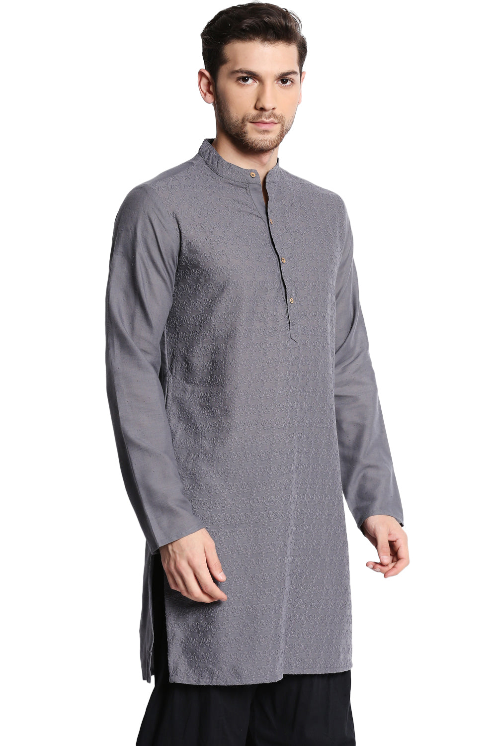 Men's grey hand-embroidered cotton knee-length kurta, front placket detail.